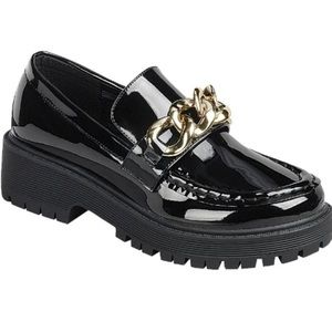 New Wide Black Patent Gold Chain Slip On Platform Penny Loafers